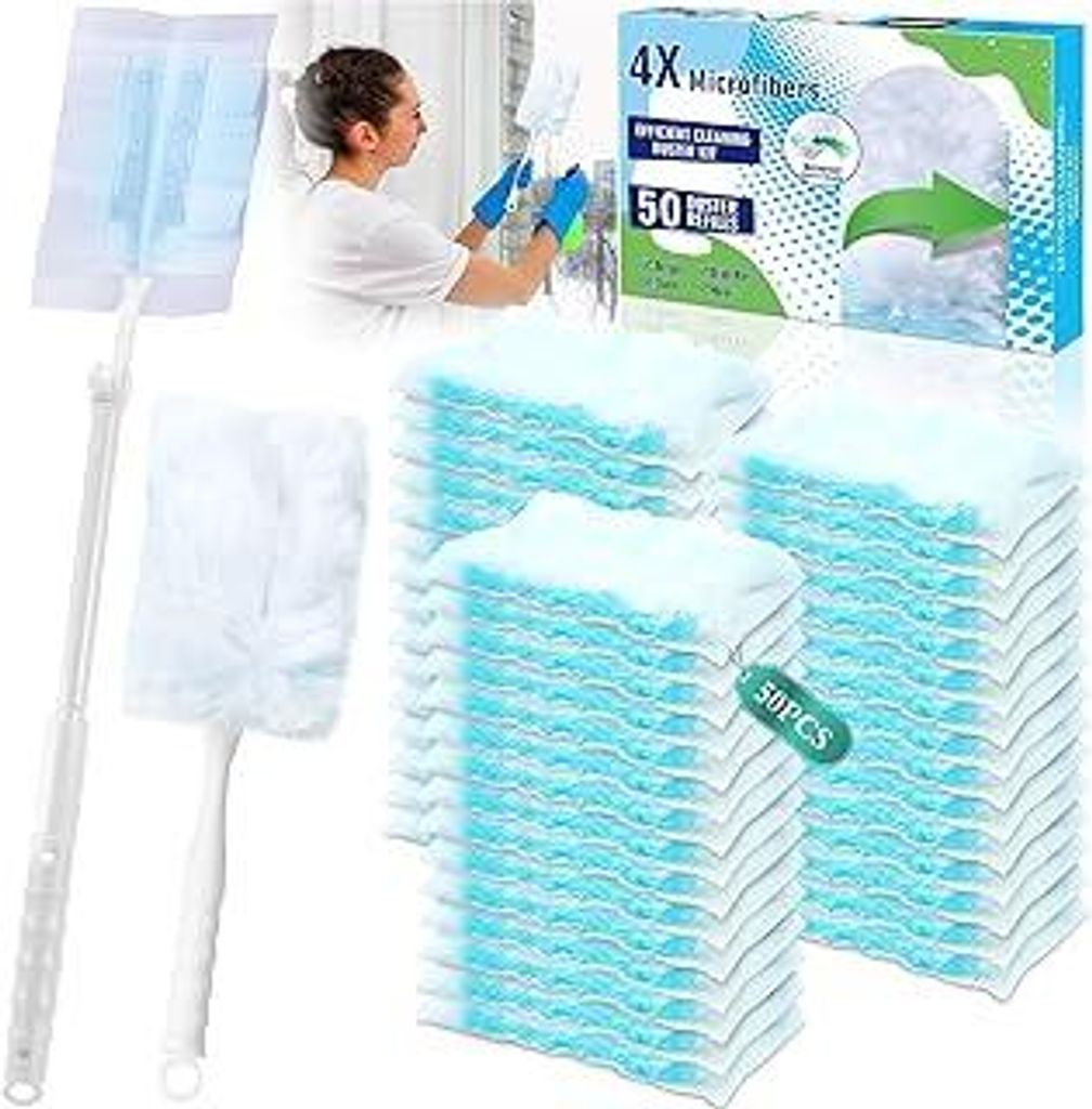 50 Stück Staubwedel, Staubmagnet Nachfüllpack Set mit 1 Griff und 1 Teleskopstange, Staubtuch Antistatisch, Staub Entferner, Staubmagnet Duster Z...