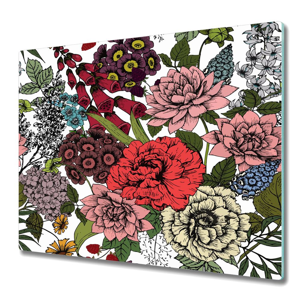 Küchenschneidebrett - Glasschneidebrett - Herdabdeckung - 60x52 - Herbstblumen