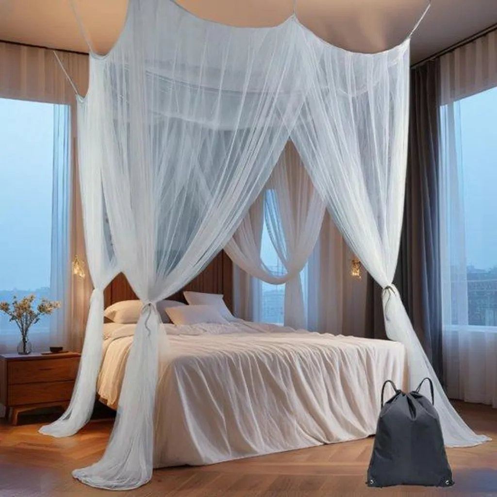 Moustiquaire de Lit à Mailles Fines avec 4 Ouvertures et Sac de Voyage