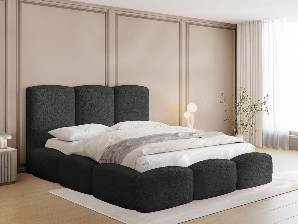 Polsterbett 180x200 mit Bettkasten & Lattenrost – Schwarzes Bett hohem Kopfteil, Boucle oder Samt - Doppelbett mit Stauraum – Bettgestell ohne ...