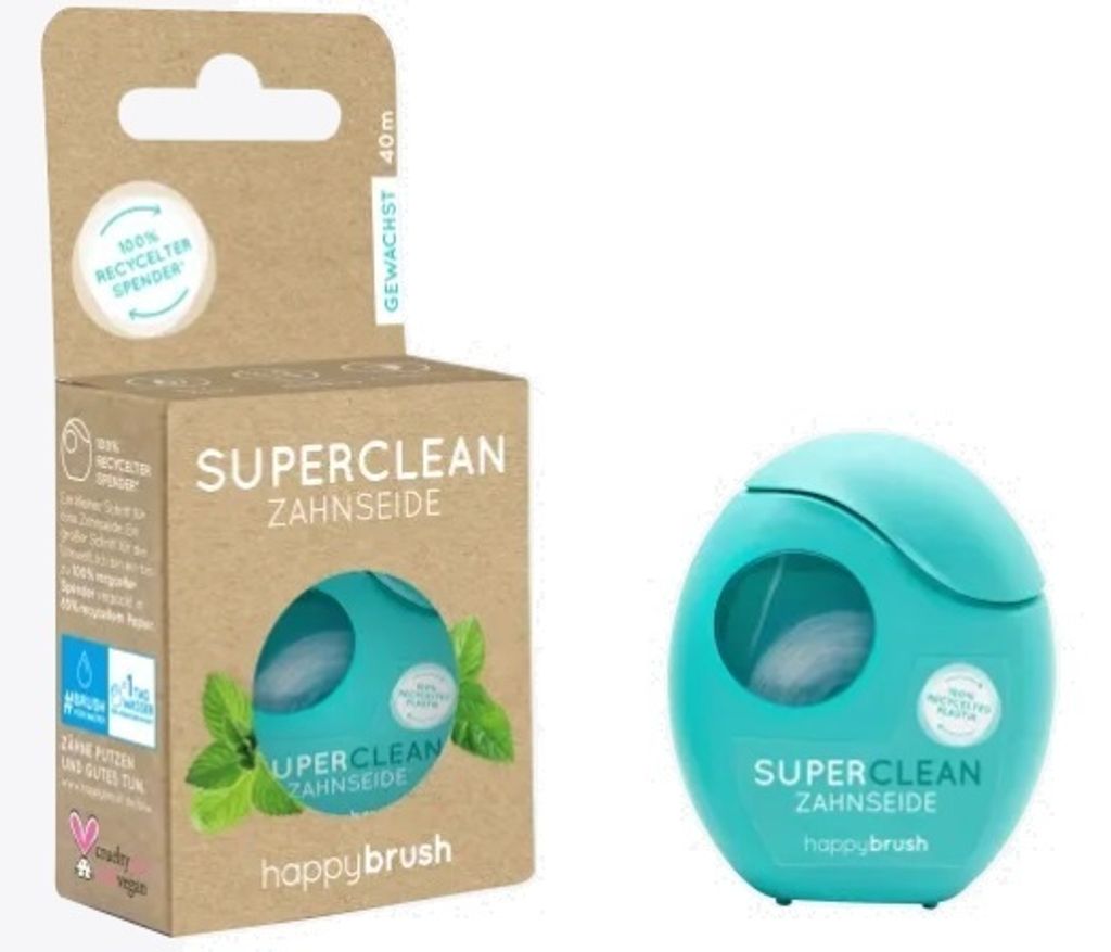 happybrush SuperClean, Superfloss, Gewachste Zahnseide, Flach, Minze, Blau, 35 m