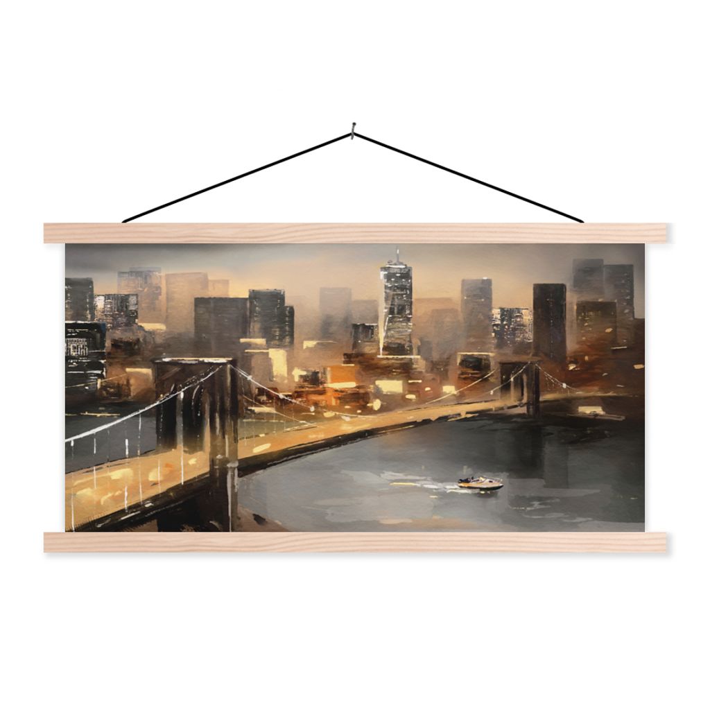 MuchoWow Textilposter Gemälde - Öl - Skyline - Stadt - Wasser 60x30 cm mit holzfarbenen Rahmen - Dekoration