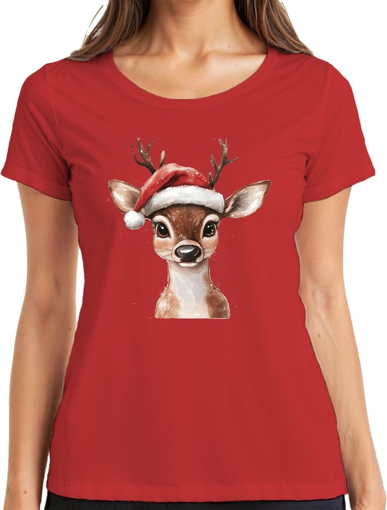 Weihnachten Rentier Aquarell Rehkitz süß Santa Geschenk Kinder Damen T-Shirt, Rot, XXL