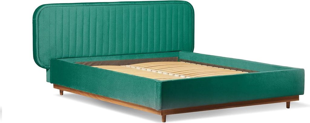 Delikate Gepolstertes Bett mit Kopfteil - Doppelbett mit Lattenrost - Design Polsterbett im Retro Stil - Schlafzimmer Möbel auf Holzbeinen, Farbe:...