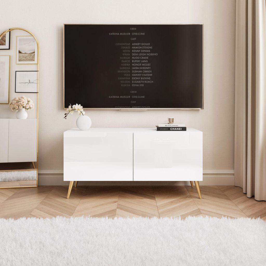 Idohome TV Lowboard Angel 100 cm Weiß Hochglanz – Schrank mit LED-Beleuchtung, Fernsehschrank auf goldfarbenen Metallbeinen, Medienmöbel, Push ...