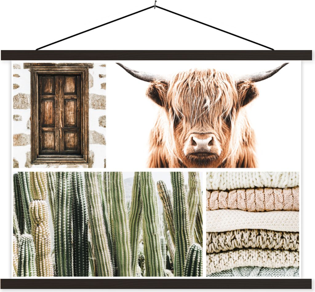 MuchoWow Textilposter Schottisches Hochlandrind - Collage - Kaktus - Pullover 60x45 cm mit schwarzem Rahmen - Poster Schlafzimmer
