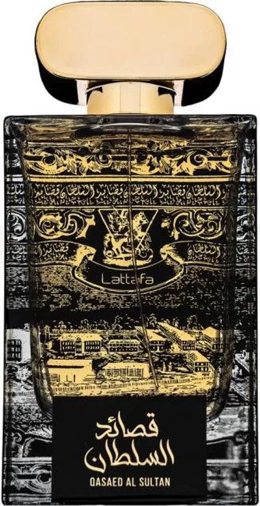 A perfume bottle with ornate gold and black detailing.