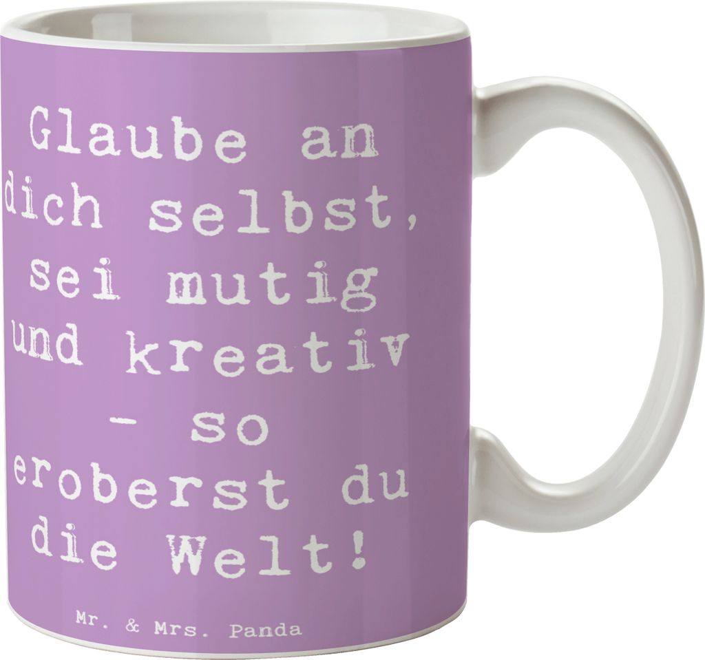 Mr. & Mrs. Panda Kaffeetasse Spruch Die Freude an der Kreativität entdecken - Lavendeltraum - Geschenk, Zuversicht, inspirierender, Becher, Vertra...