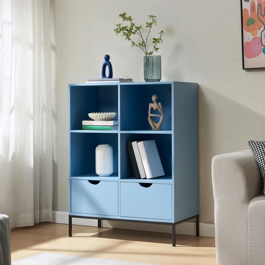 Bibliothèque à 2 tiroirs Colwyn 105x80x40 cm coloris bleu tendance
