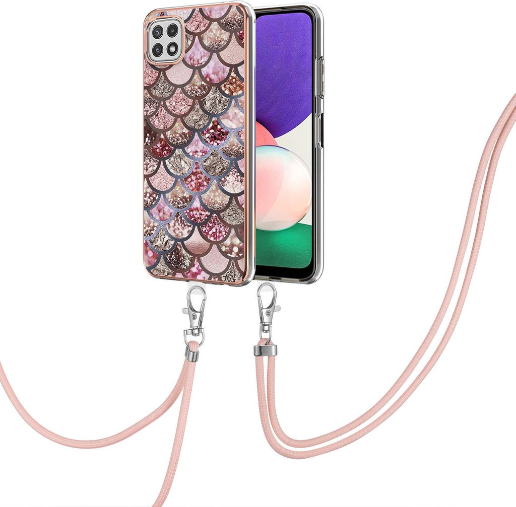 Handykette Hülle für Samsung Galaxy A22 5G Muster TPU Schutzhülle mit verstellbarem Tragegurt Kaffee