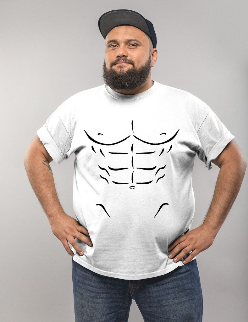 Herren T-Shirt bedruckt Bauchmuskeln Waschbrettbauch Aufdruck Motiv Print Fun-Shirt lustig Moonworks weiß 3XL