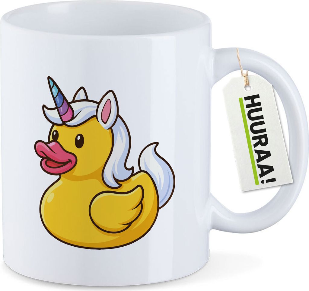 Huuraa Kaffeetasse Quietscheente Einhorn Gummiente Unicorn 330ml Weiß Keramik Kaffeebecher Geschenkidee