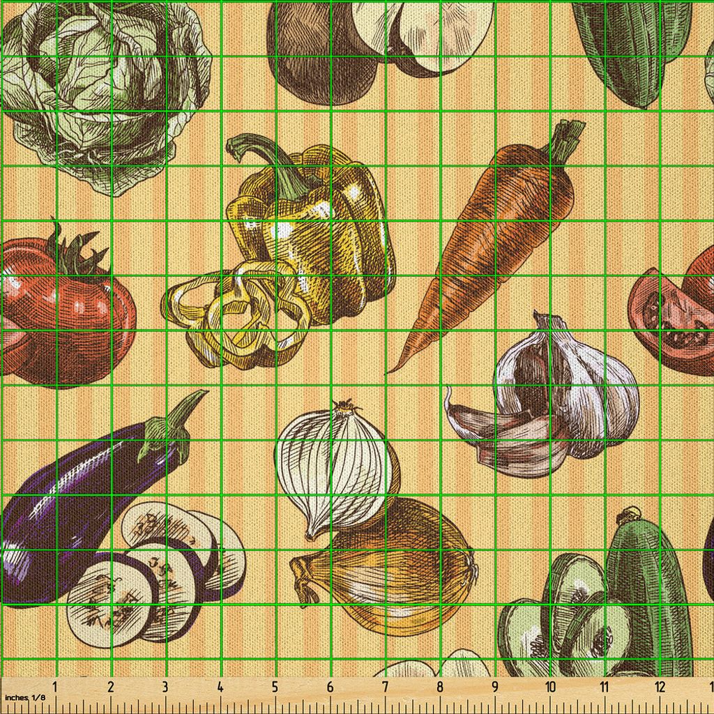 ABAKUHAUS Bunt Microfaser Stoff als Meterware , Flüchtiges Hand gezeichnetes Art-Bild von Gemüse trägt mit gestreiftem korallenrotem Hintergrund...