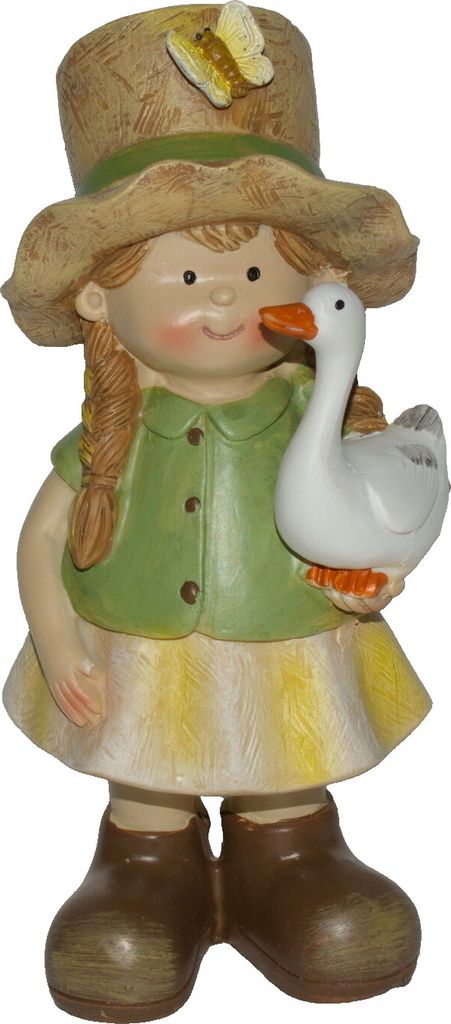 Deko Wichtel Kind Figur Mädchen mit Gans Ente Tier Garten Junge Skulptur Zwerg