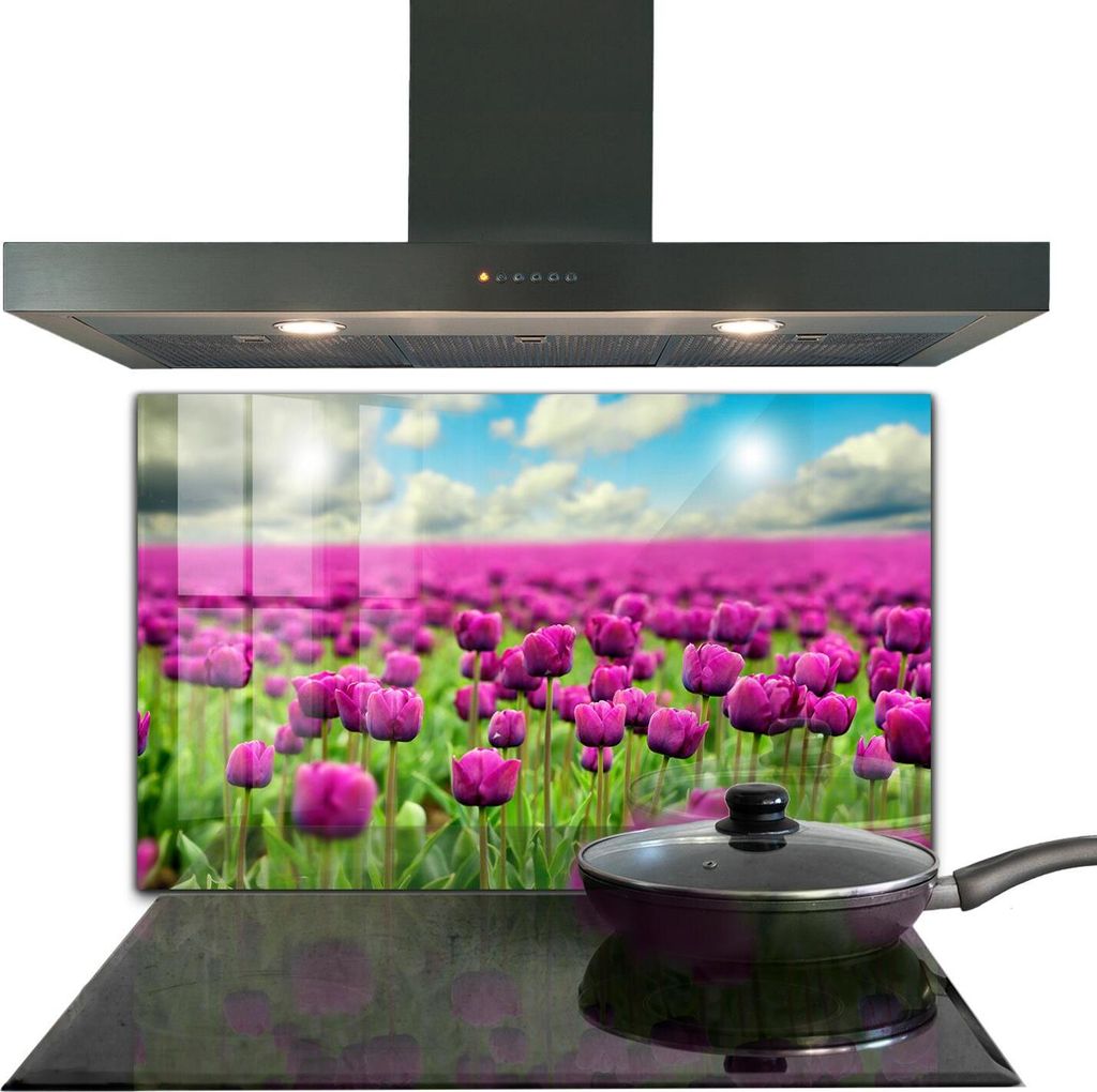 Spritzschutz aus Glas Küchenrückwand - Wandschutz für Herd und Spüle - 100x70 cm - Feld mit rosa Tulpen Wiese