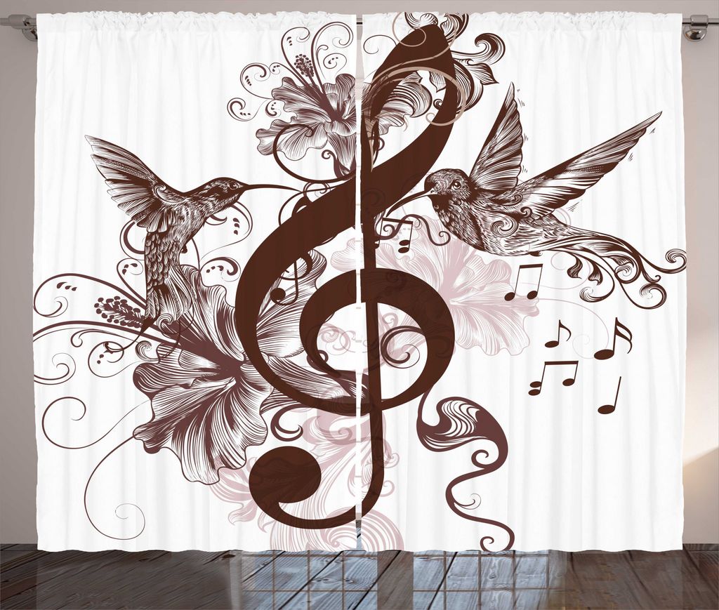 ABAKUHAUS Musik Rustikaler Vorhang, Blumenmuster mit Vögeln, Wohnzimmer Universalband Gardinen mit Schlaufen und Haken, 280 x 225 cm, Kastanienbra...
