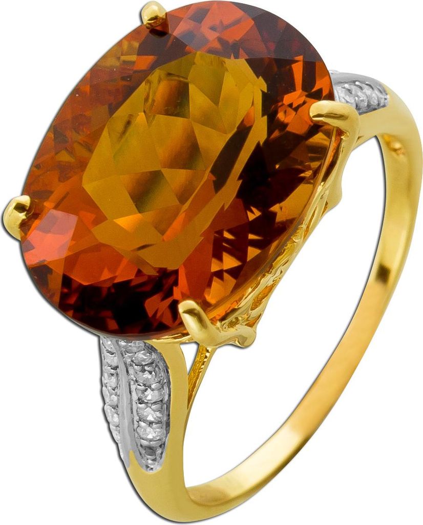 Citrinring Gold 375 9K honiggelber Edelstein 9.1ct Brillanten 0.35ct 19