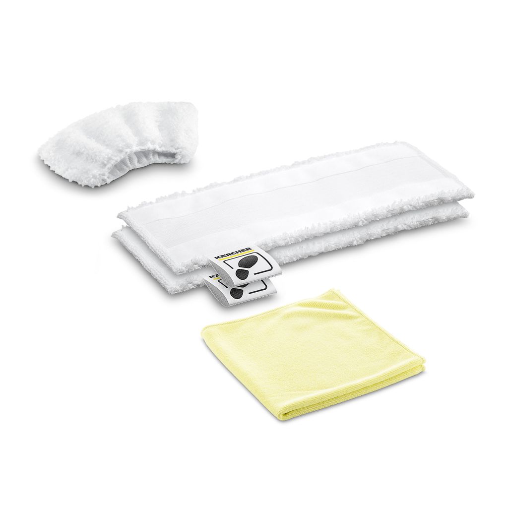 A set of cleaning cloths and covers for a steam cleaner.