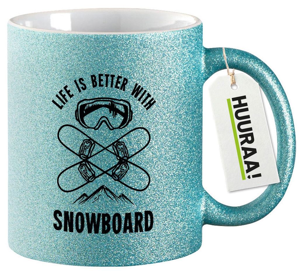 Huuraa Glitzertasse Snowboard life is better 330ml Blau Keramik Kaffeebecher Geschenkidee