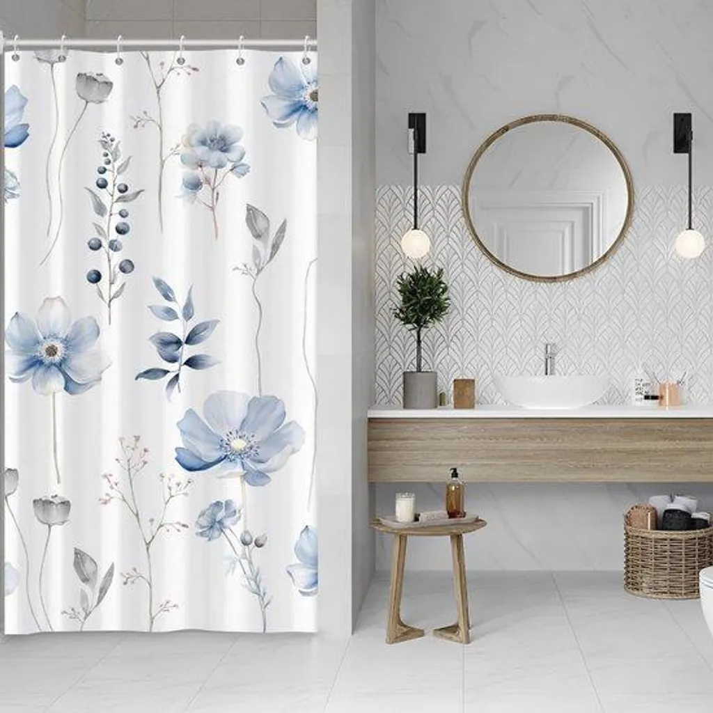 Rideau de douche imperméable fleurs bleu-gris 90x180 cm avec 6 crochets