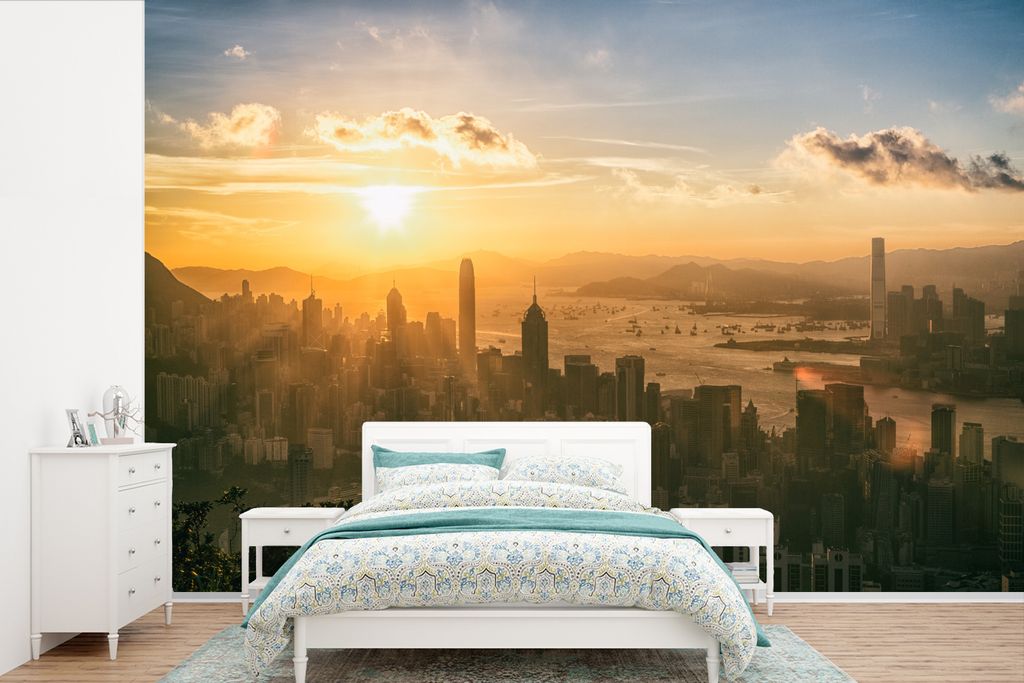 MuchoWow Fototapete für Wohnzimmer oder Schlafzimmer Wandtapete Vinyl Motivtapete Sonnenuntergang in Hongkong - 450x300 cm - Gemusterte