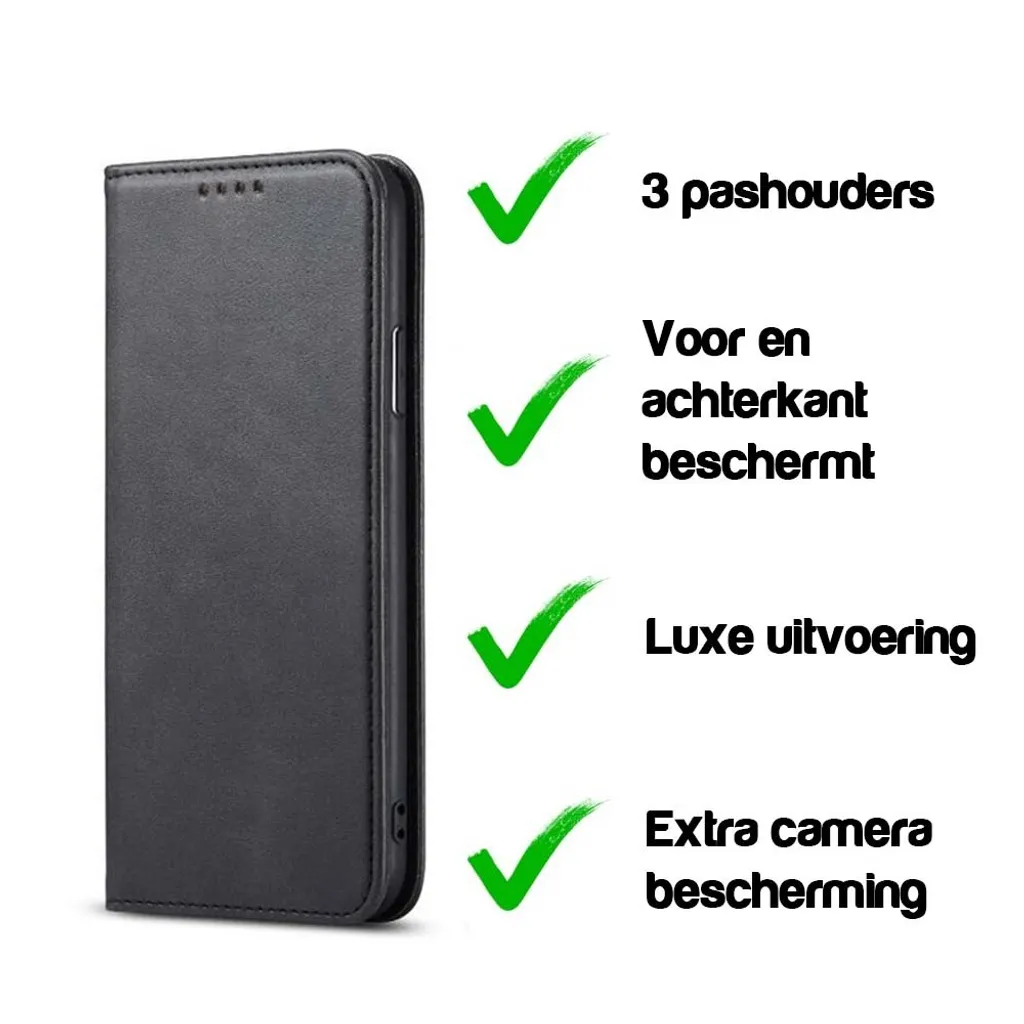 Custodia In Pelle Per IPhone 13 Mini Con Chiusura Magnetica, Portafoglio Con 2 Slot Per Carte E Scomparto Contanti, Antiurto E Funzione Leggio, Copertina A Libro Nera - 2