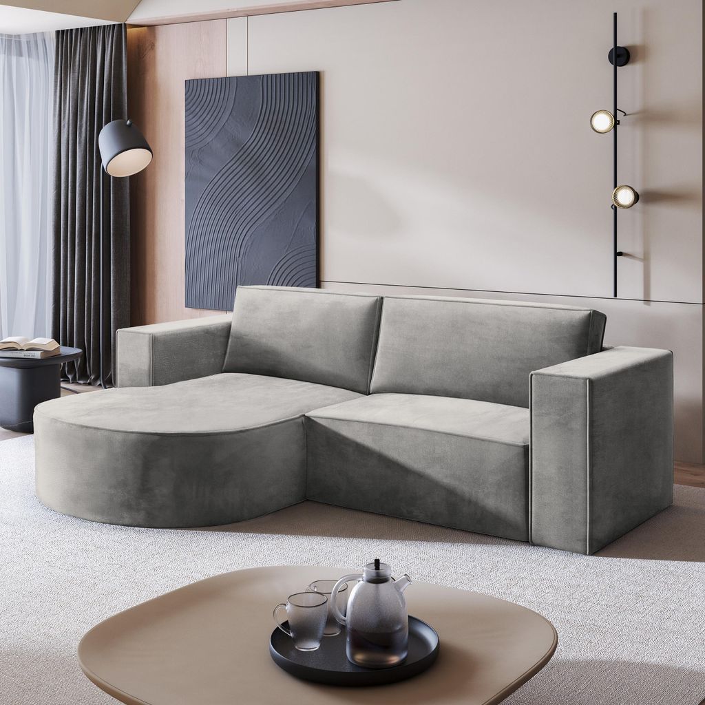 Masseno Ecksofa SORELA M L-S mit Schlaffunktion L-Form, Sofa mit Bettkasten, Wohnzimmersofa, Couch, Soffa, Bettsofa, Couchgarnitur- Hellgrau, MONOL...