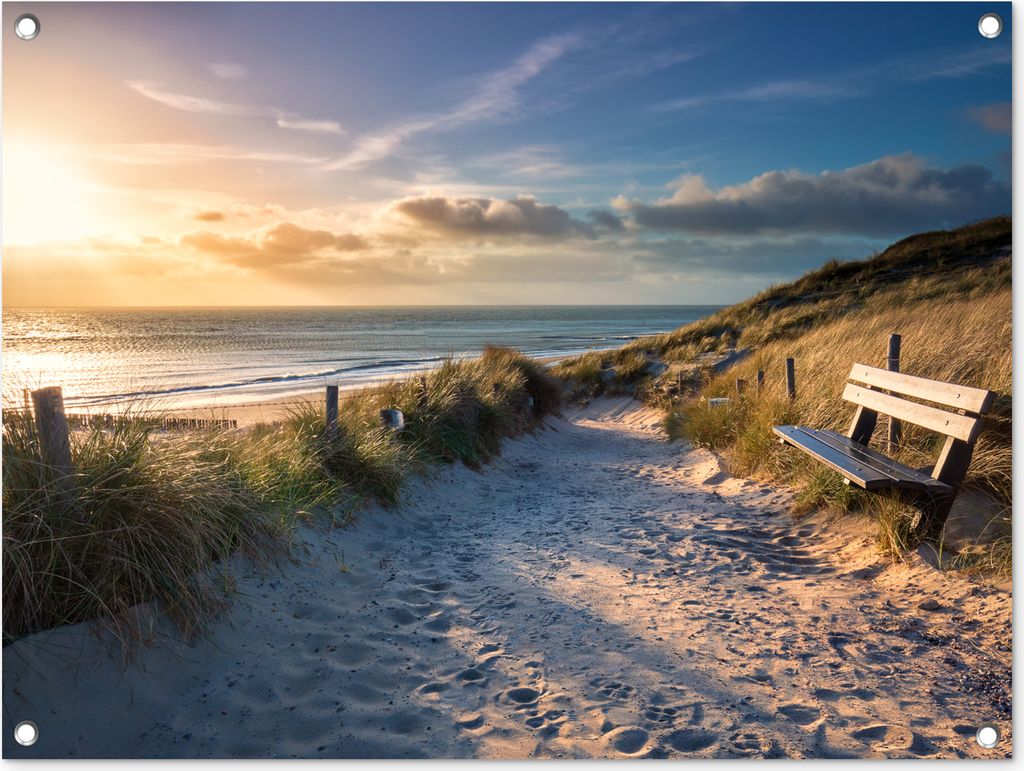 MuchoWow 80x60 cm Outdoor-Poster Gartendeko Sichtschutz Garten Poster für den Garten Sonnenuntergang - Strand - Düne - Gras - Bank