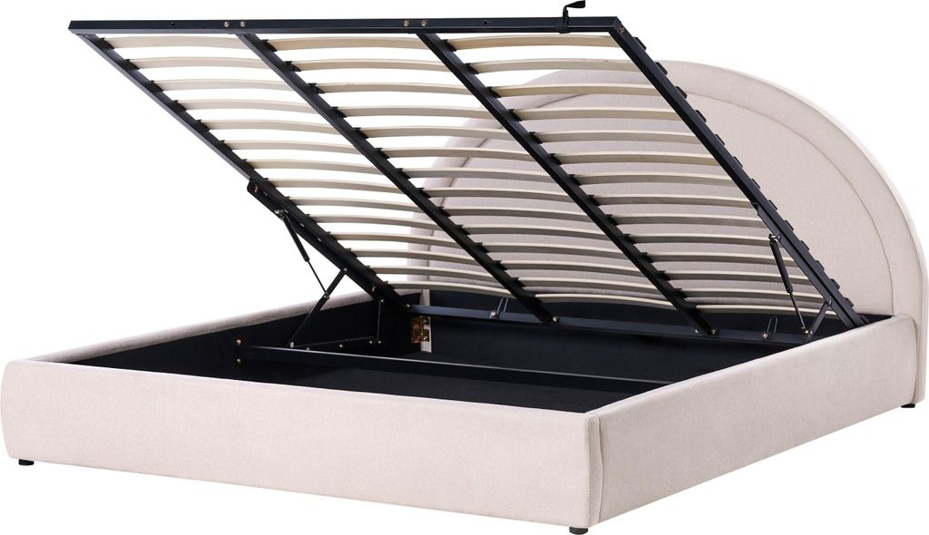 BELIANI Bett Hellbeige Gepolstert mit Lattenrost 180 x 200 cm Hochklappbar Bettkasten Hohes Kopfteil Modern Schlafzimmer Doppelbett