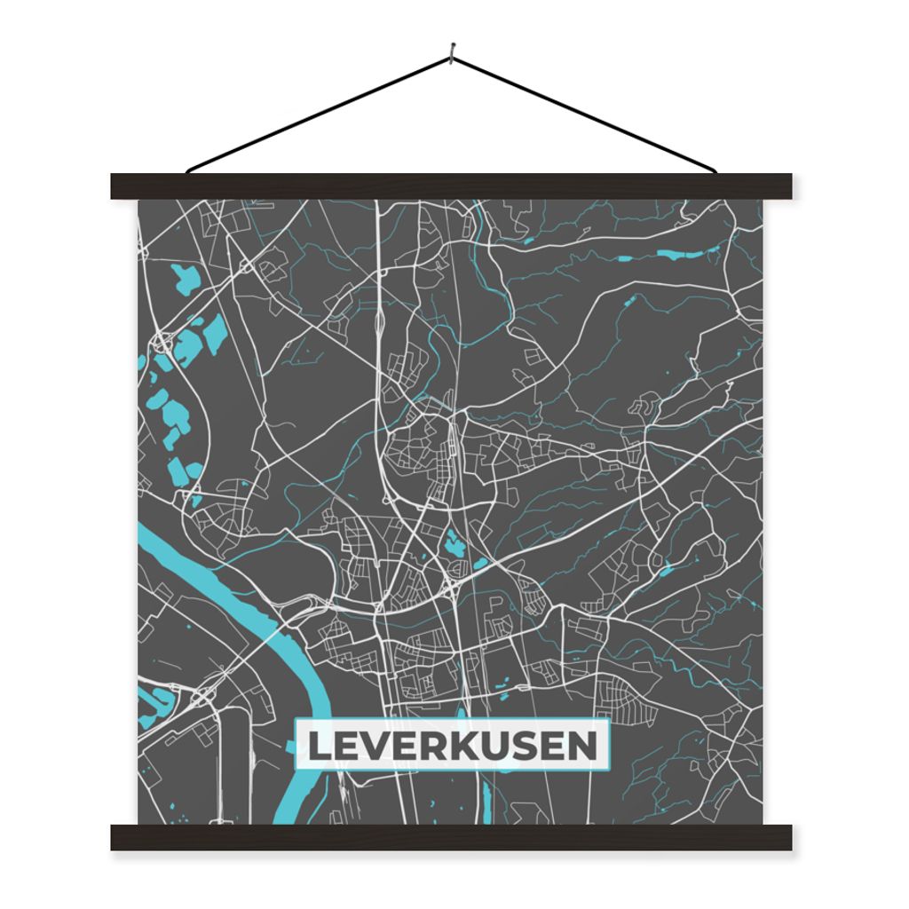 MuchoWow Textilposter Blau - Deutschland - Karte - Stadtplan - Leverkusen 60x60 cm mit schwarzem Rahmen - Posteraufhänger