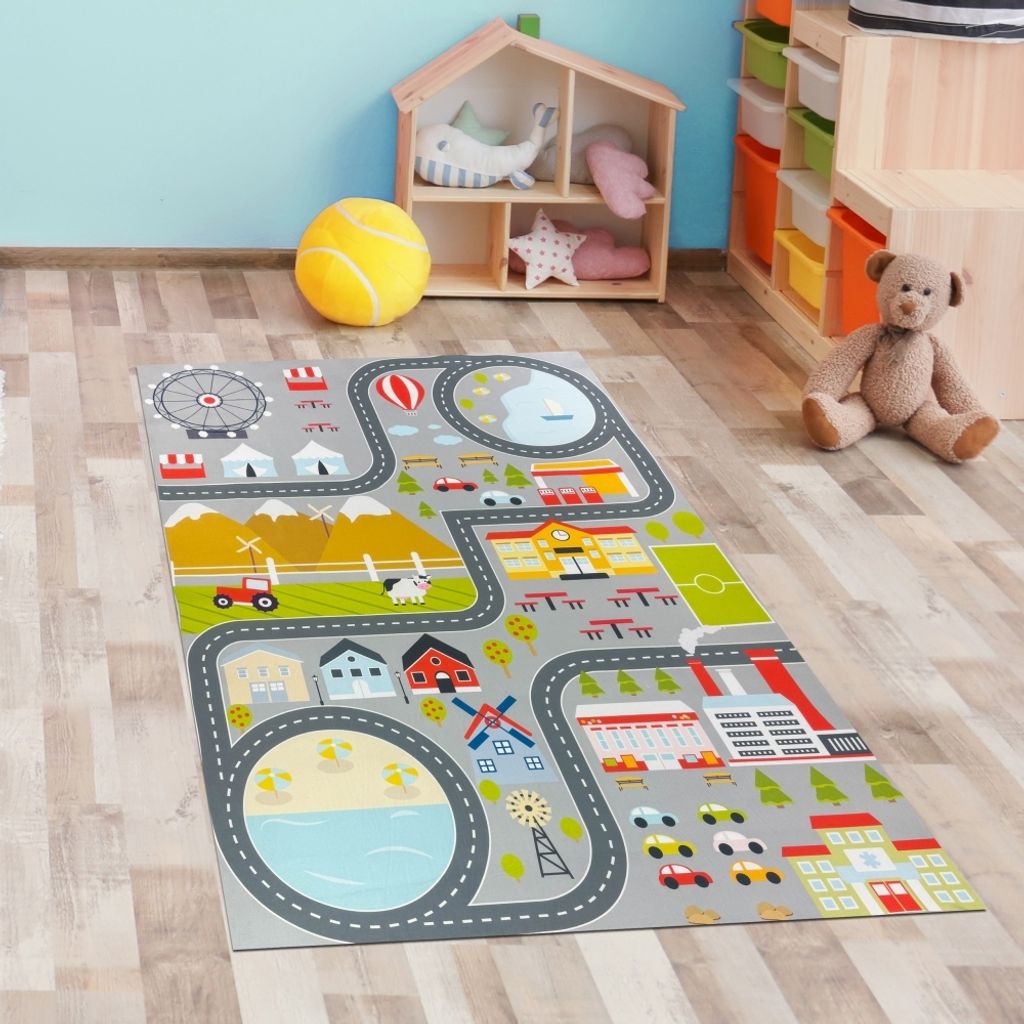 Kinderteppich pflegeleicht rutschfest mit Stadt Motiv in Grau Größe - 100 x 200 cm