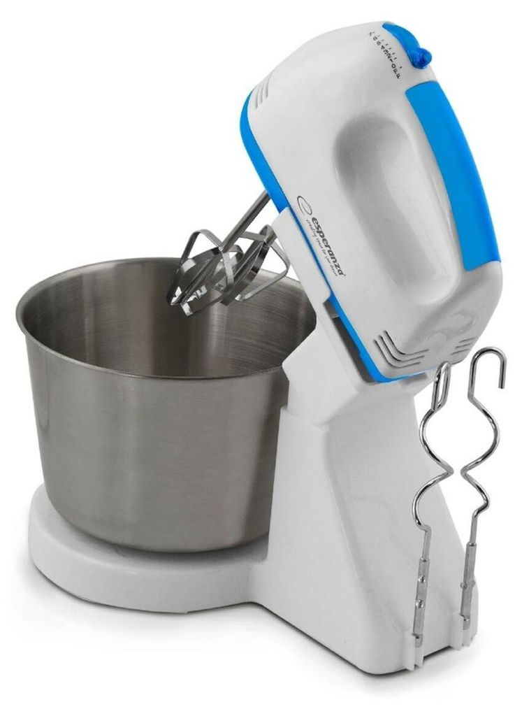 A white and blue Esperanza stand mixer with a stainless steel bowl and beaters is shown against a white background.