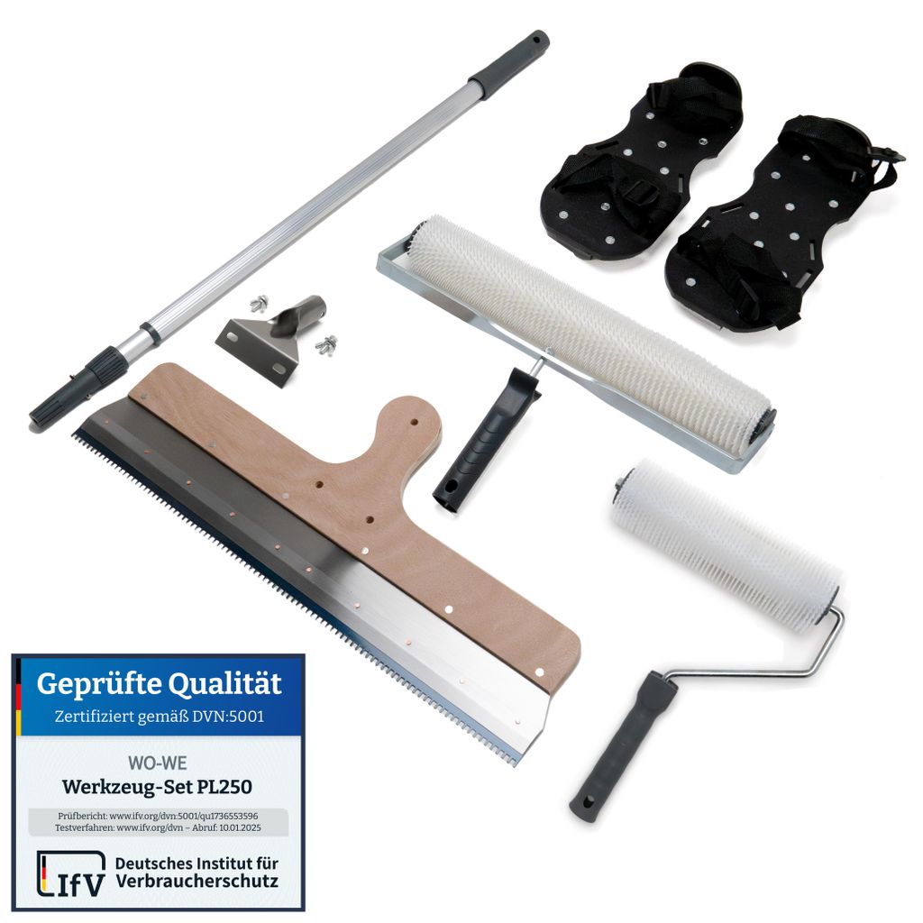 Epoxidharz Bodenbeschichtung werkzeug Set 5tlg PL250 | 40cm und 25cm Entlüftungsroller | Teleskopstiel | Stehrakel | Nagelschuhe