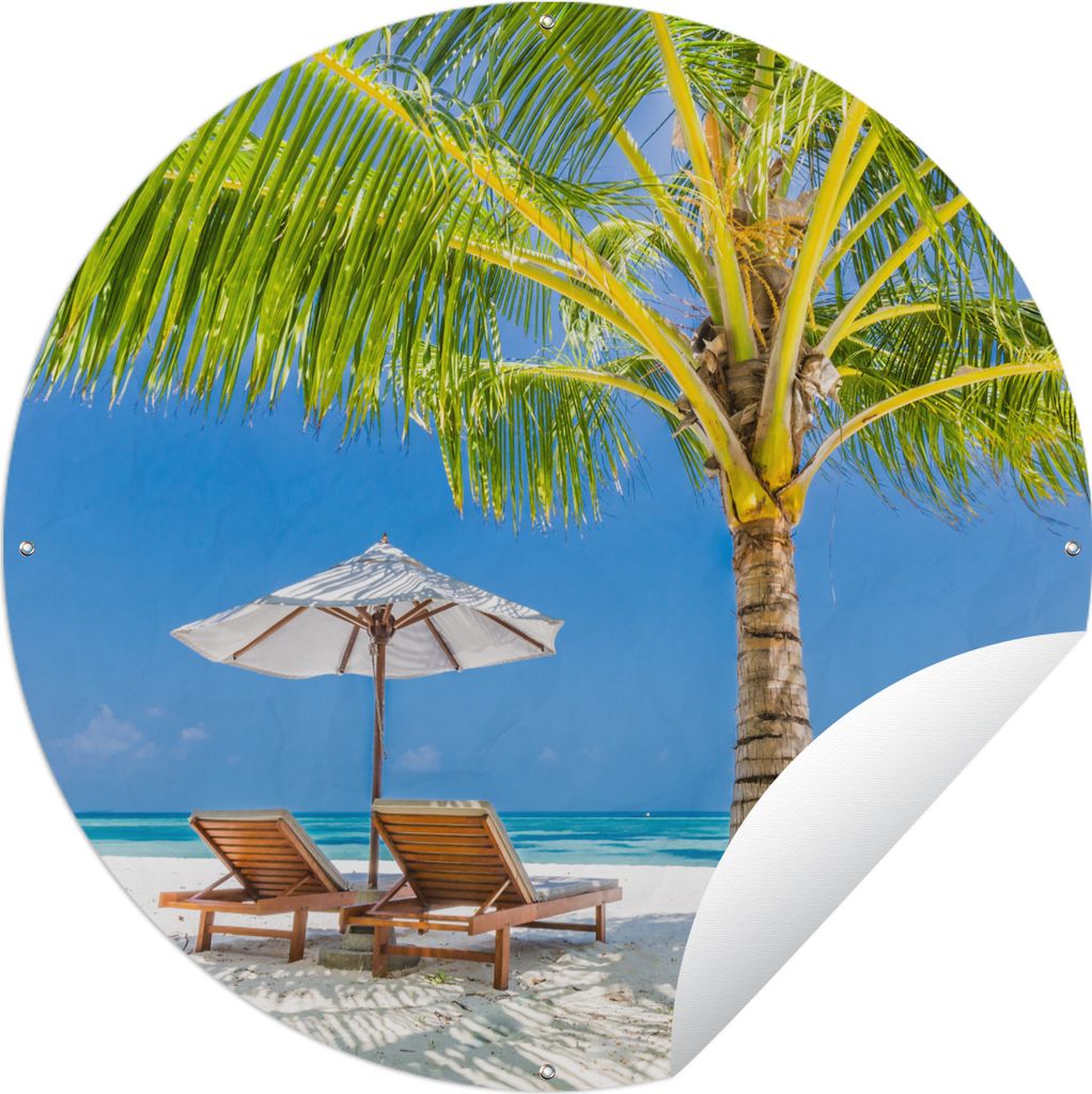 MuchoWow Gartenposter Outdoor-Poster Rund Palme - Strandkorb - Sonnenschirm Ø 60 cm Gartendeko Rundes Poster draußen