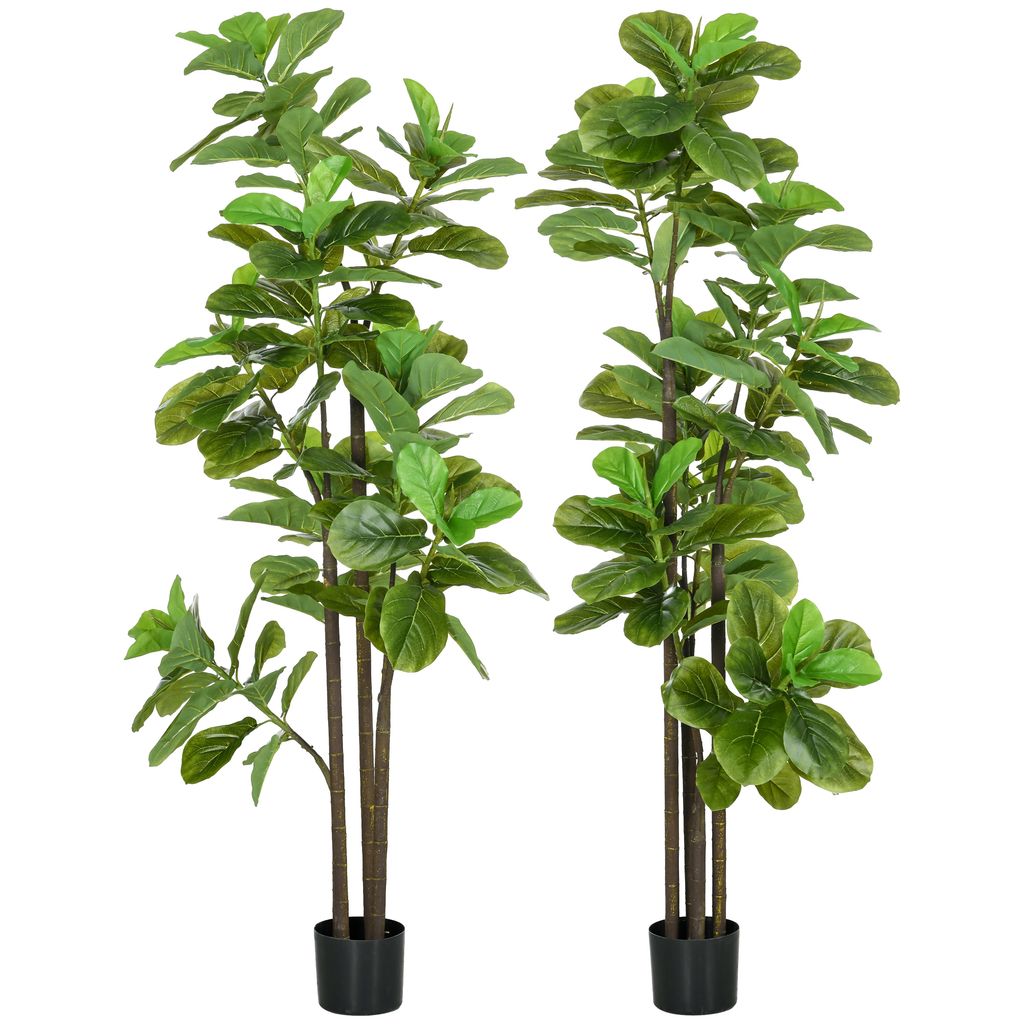 HOMCOM Set mit 2 künstlichen Pflanzen, Geigenblattfeige, Ficus Lyrata, Höhe 180 cm, mit Topf, großer künstlicher Baum zur Dekoration