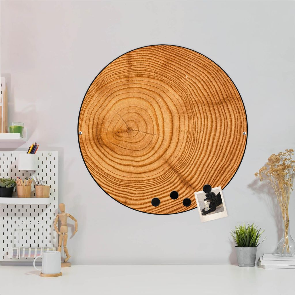 Design Stahlmagnettafel Schwarz Rund 47cm Baumstamm