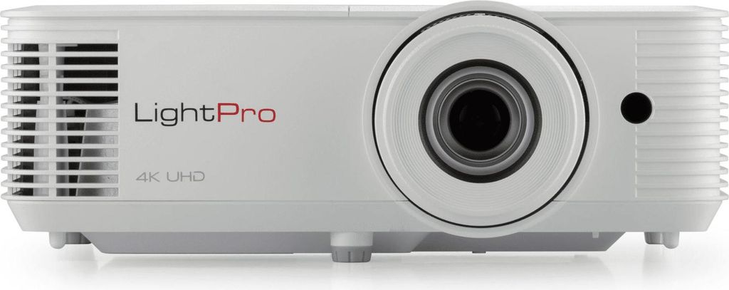 A front view of a white projector with a large lens.