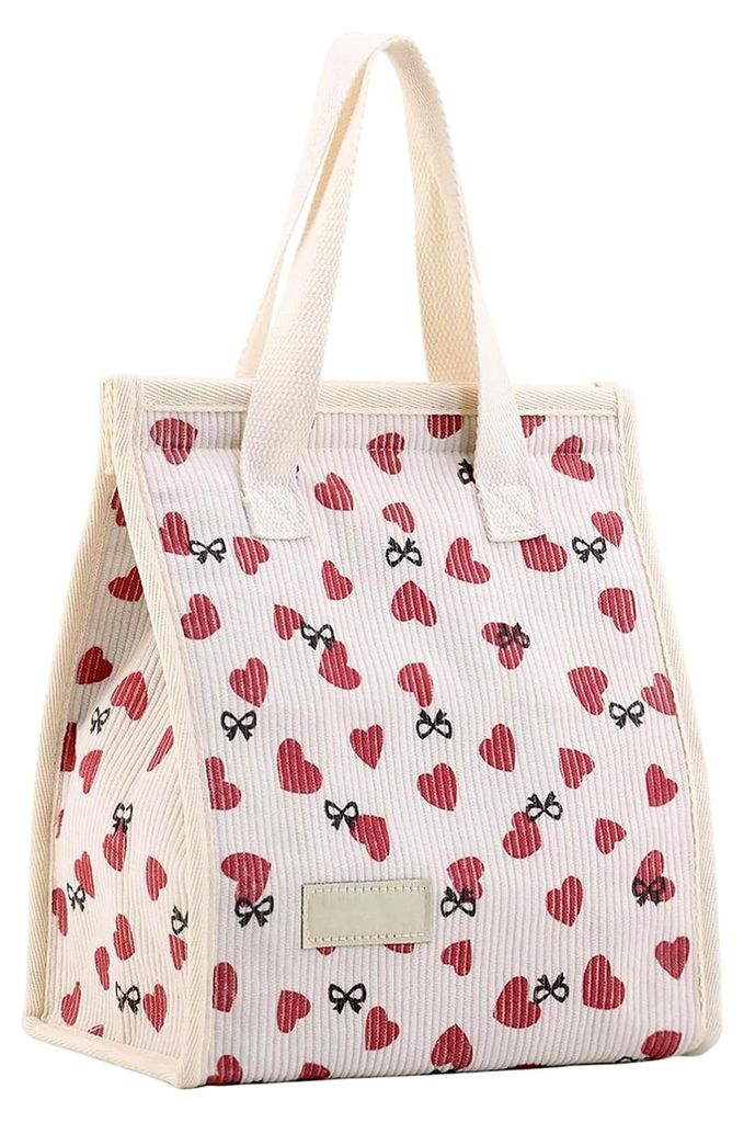 Lunchtasche mit Herzmuster in Cremeweiß, isolierte Lunchbox, wiederverwendbare Kühltasche, Picknick-Kühltasche, isolierter Lunchbeutel, Lunchbag