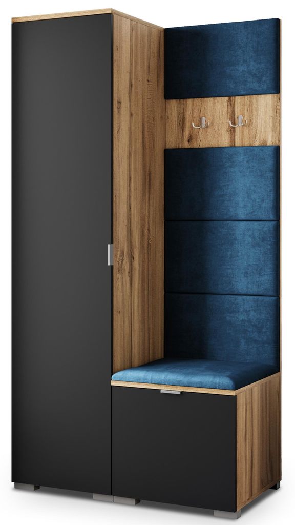 Masseno Garderobe-Set LORI 95/181/51 cm Modern Garderobenschrank Eiche Wotan, Veloursstoff MONOLITH 77 (Blau)