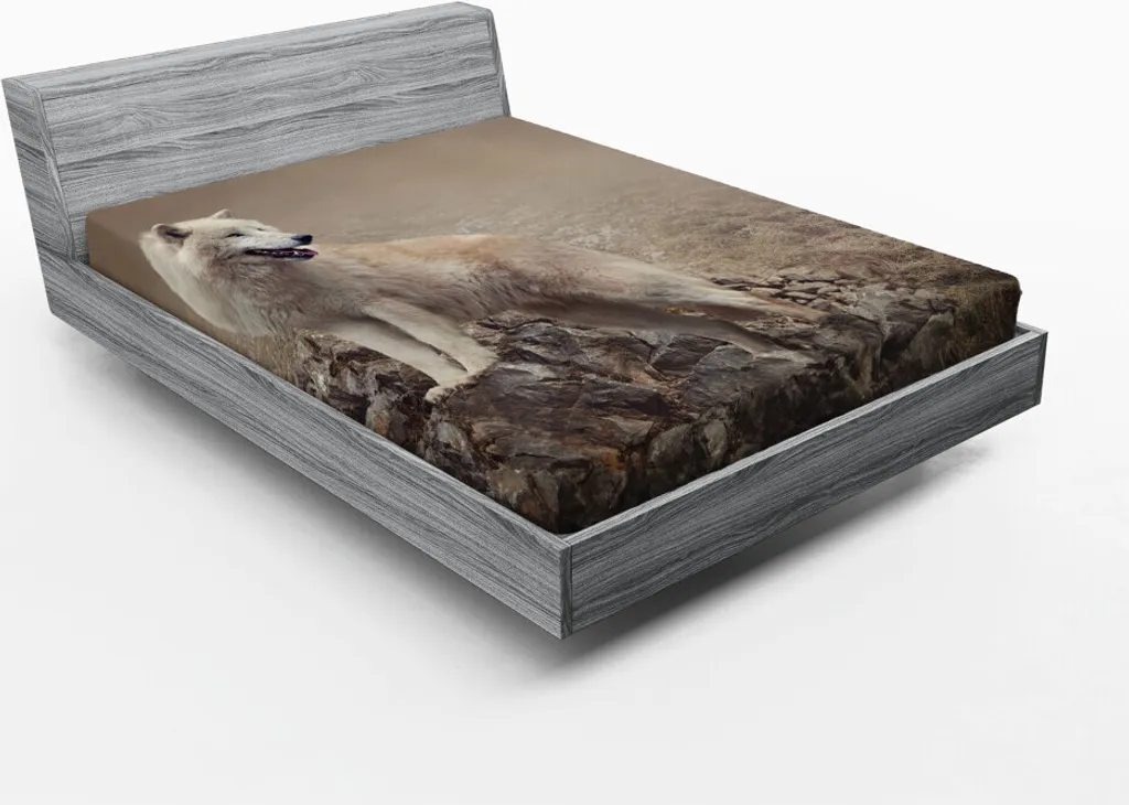 Drap-housse 180x200 sans Plis Motif Loup Blanc en Microfibre Taupe
