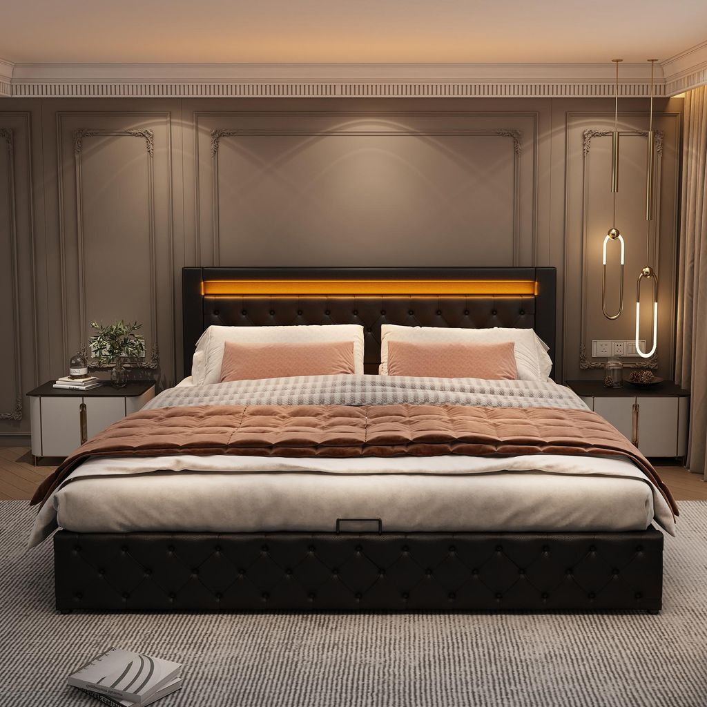 A bedroom scene featuring a bed with LED lighting.