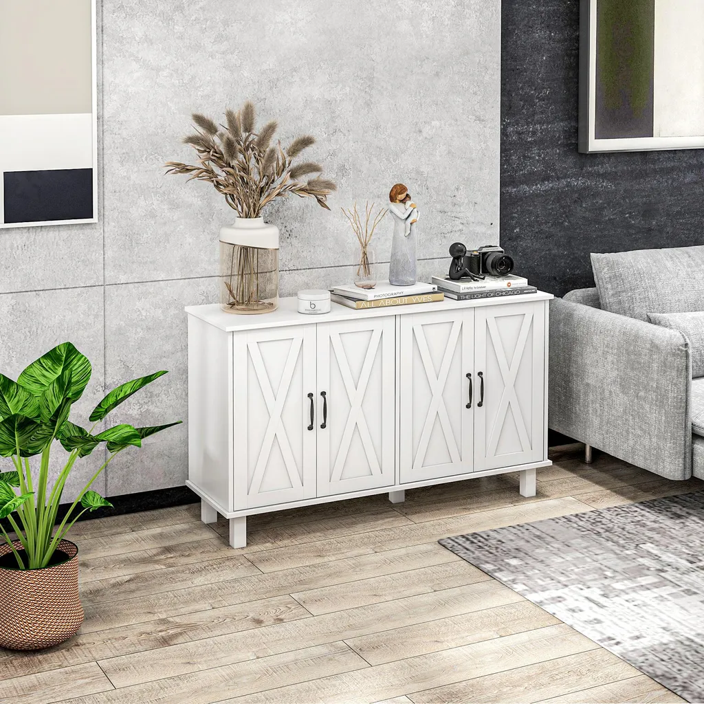 Buffet 4 portes blanc style campagne - Rangement bas avec étagères modulables - 4