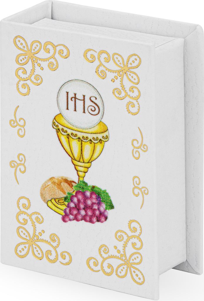 NKlaus Rosenkranzdose Buchform Etui 7x4,5x2,5cm motiv Kelch IHS Rosenkranzbehälter 14438