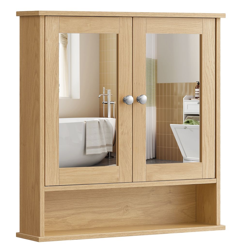 A wooden bathroom cabinet with mirrored doors and an open shelf below, shown against a white background.