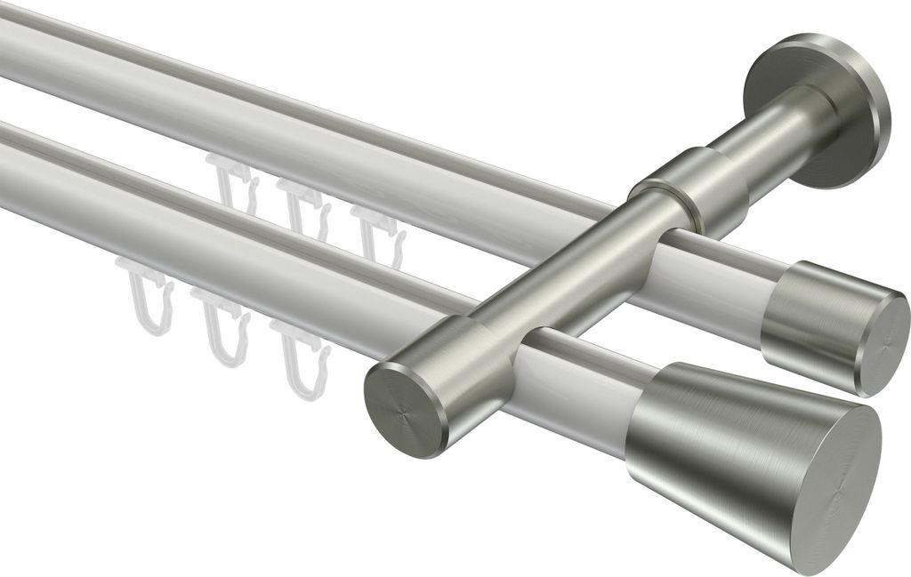Interdeco Innenlaufstange / Gardinenstange mit Innenlauf Weiß / Edelstahl-Optik, Typ Prestige Sitra (Konus), 20 mm Ø 2-läufig, 240 cm
