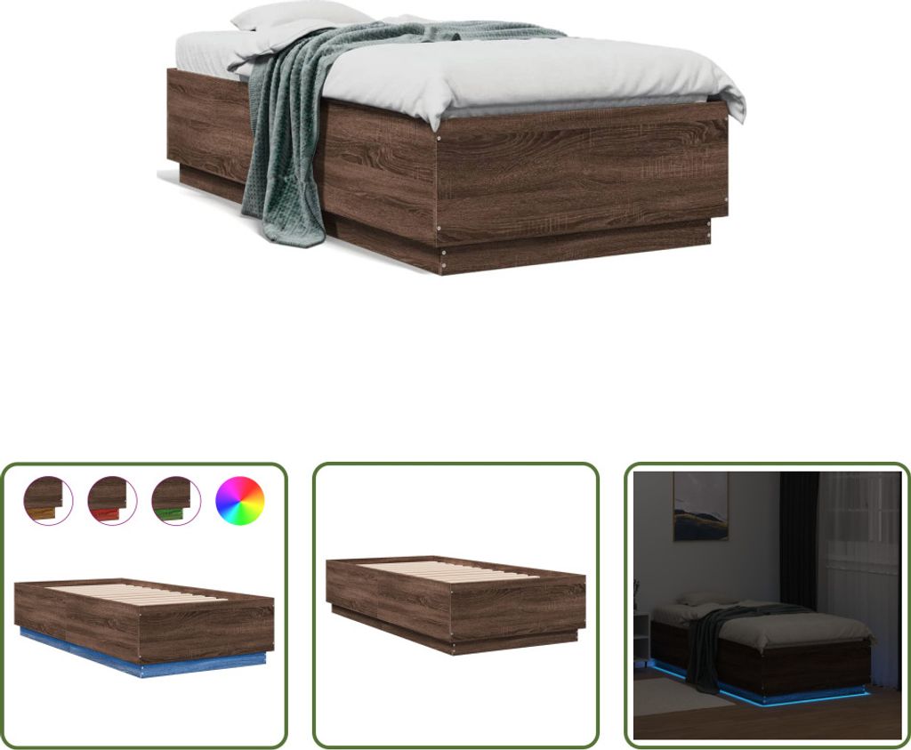 The Living Store Bettgestell mit LED Braun Eichen-Optik 75x190 cm Holzwerkstoff