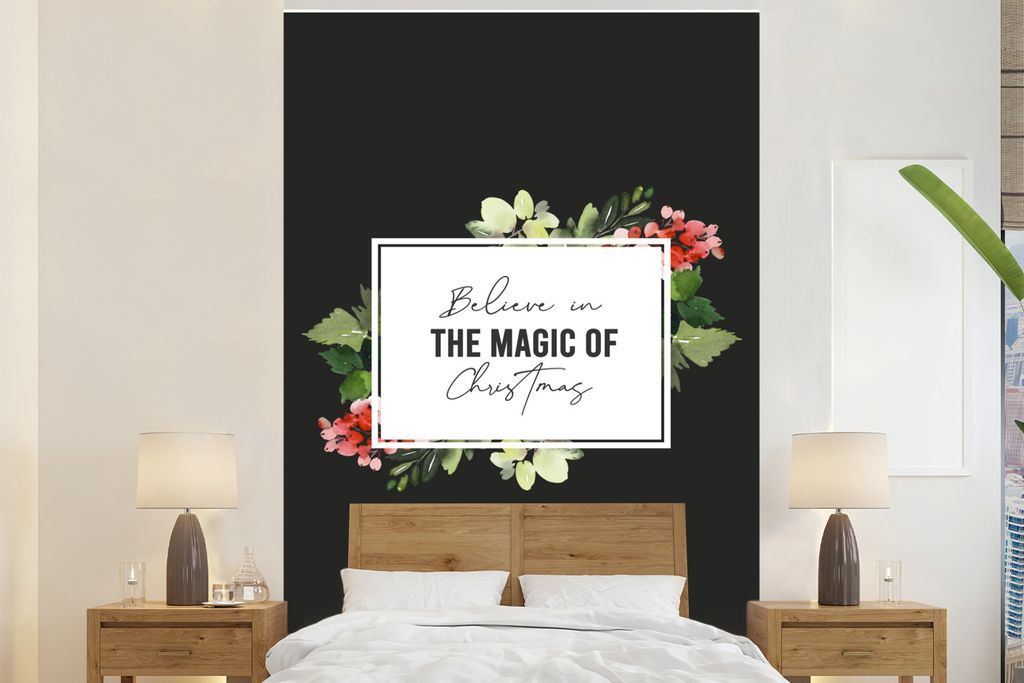 MuchoWow Fototapete für Wohnzimmer oder Schlafzimmer Wandtapete Vinyl Motivtapete Blumen - Weihnachten - Zitate - 155x240 cm - Tapete