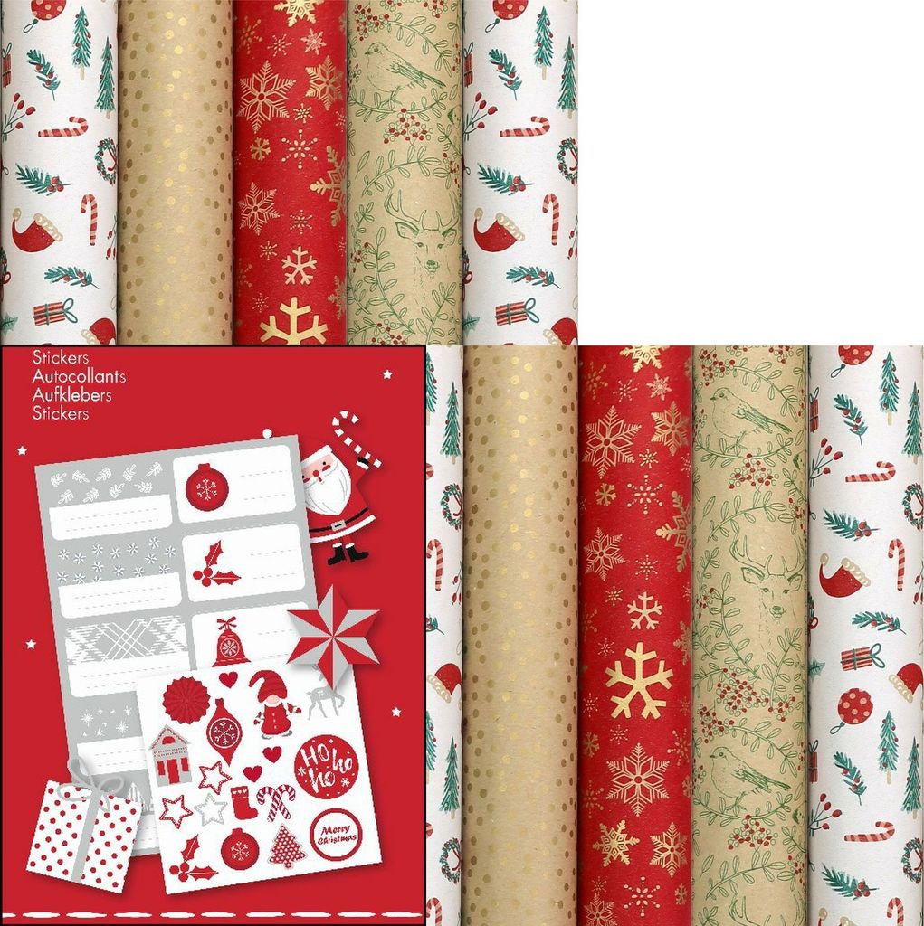 WINTERGARTEN – Weihnachtspapier-Sortiment Geschenkpapier für Weihnachten – 2 Meter x 70 cm – 10 Rollen – inklusive Etiketten.
