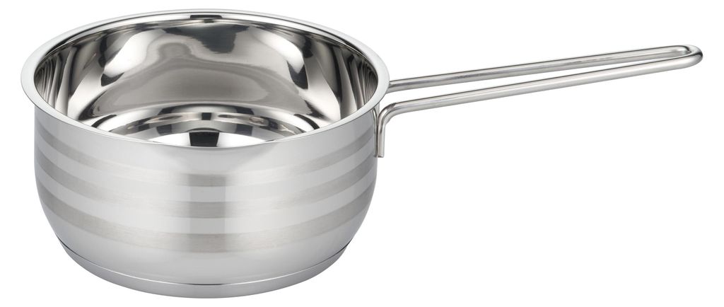 A stainless steel saucepan with a handle, shown against a white background.