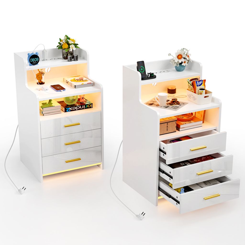 2x LED Nachttisch mit Ladestation,Front Hochglanz Produktbild 